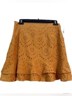 Fashion On Earth Broderie Anglaise Eyelet Gold Cotton Ruffle Hem Skirt Medium